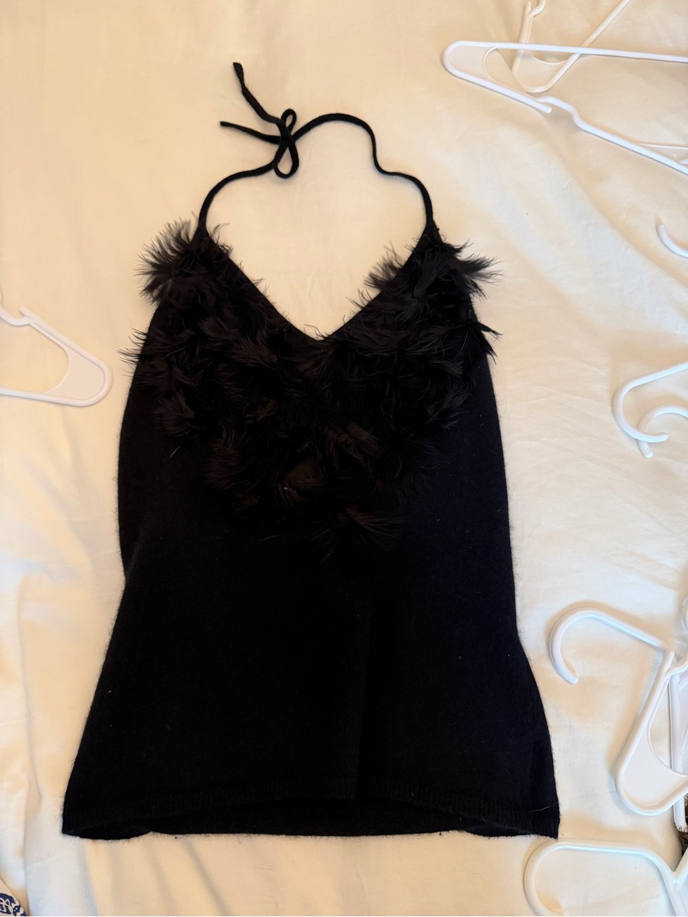 Black Feather-Trim V-Neck Tank Top - Women's